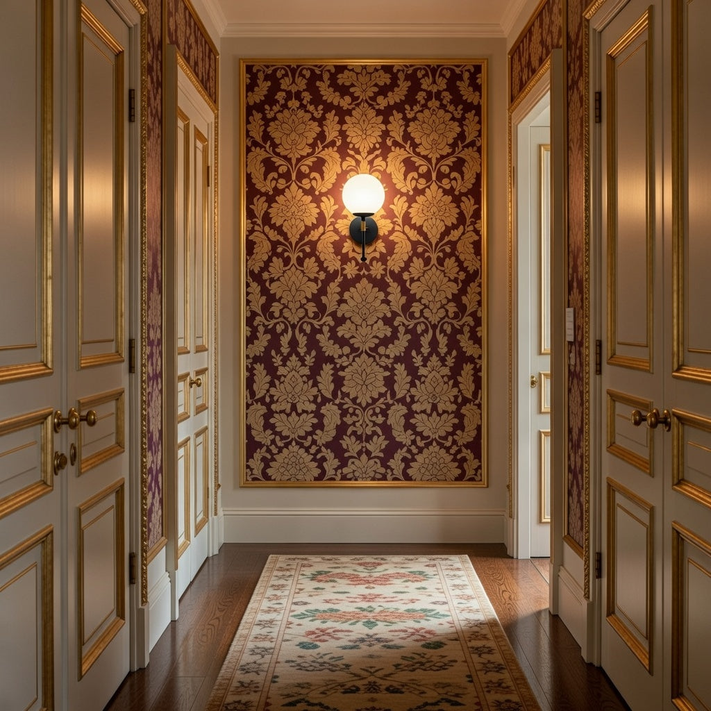 Applique murale globe opale noir et or installée dans un couloir élégant — décoration lumineuse Lumidestock