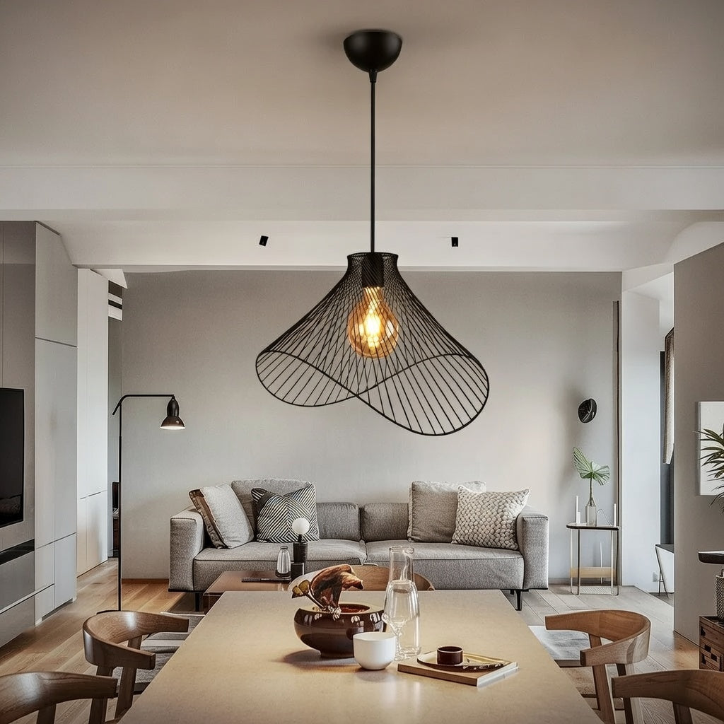 Lustre Suspendu Design Floral Fil de Fer Noir - Contemporain