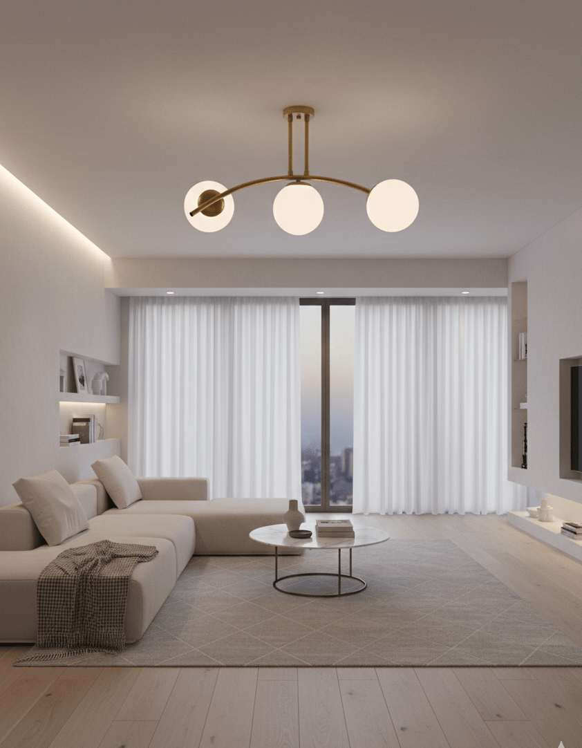 Plafonnier 3 globes opale blanc laiton installé dans salon