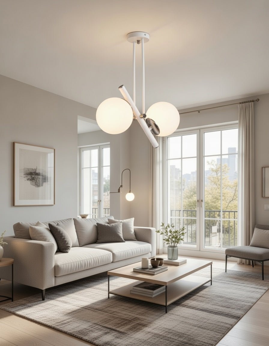 Lustre 2 globes opale blanc structure diagonale blanche chromée salon– Lumidestock