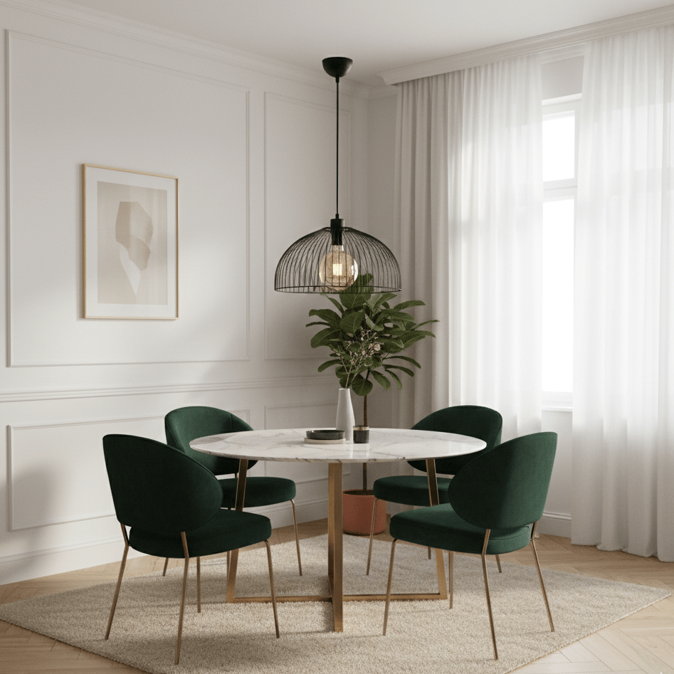 Lustre cage géométrique installé au-dessus d'une table
