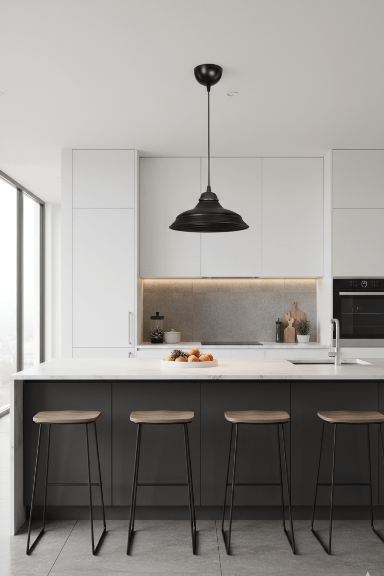 Suspension industrielle installée au-dessus d’un îlot de cuisine