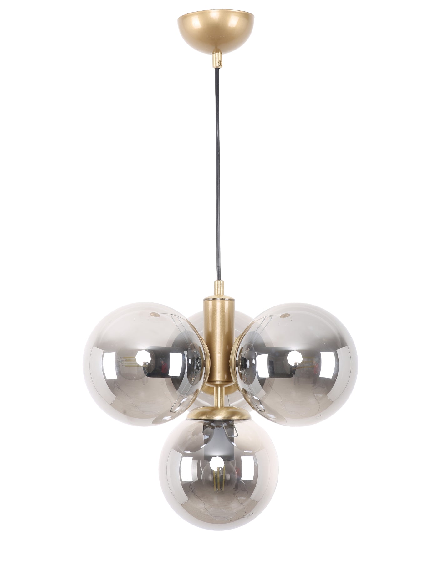 Suspension 4 globes verre fumé laiton brossé 35x32cm 4xE27