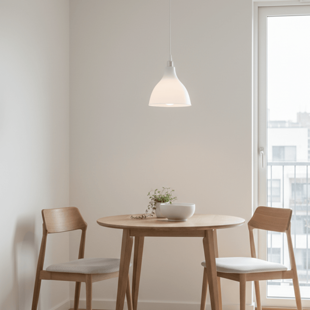Lustre blanc installé au-dessus d'une table