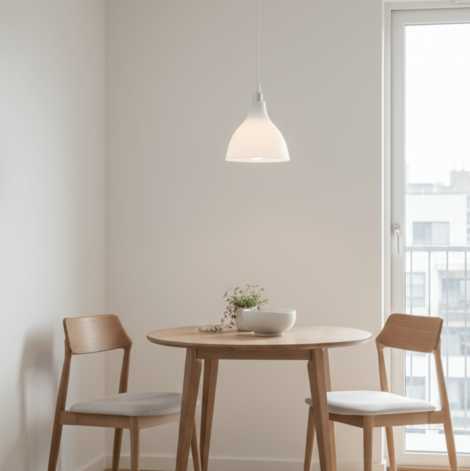 Lustre blanc installé au-dessus d'une table