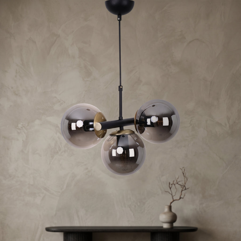 Suspension 3 globes fumé noir mat et laiton design moderne IP40