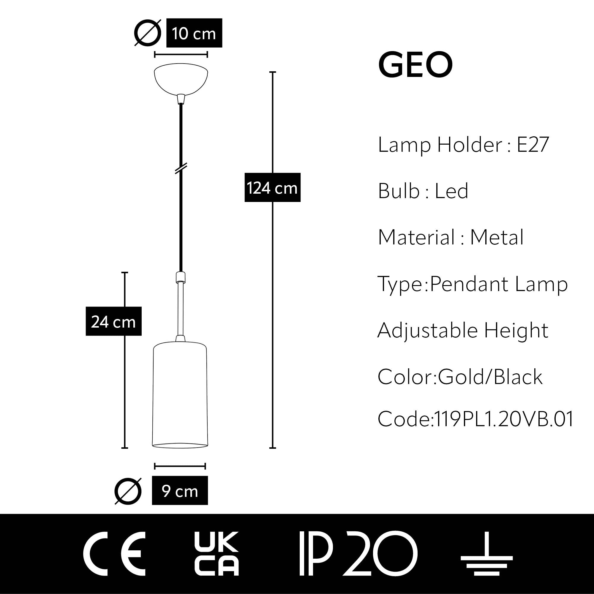 Lustre Suspendu  Doré et Noir - Design Moderne Cylindrique