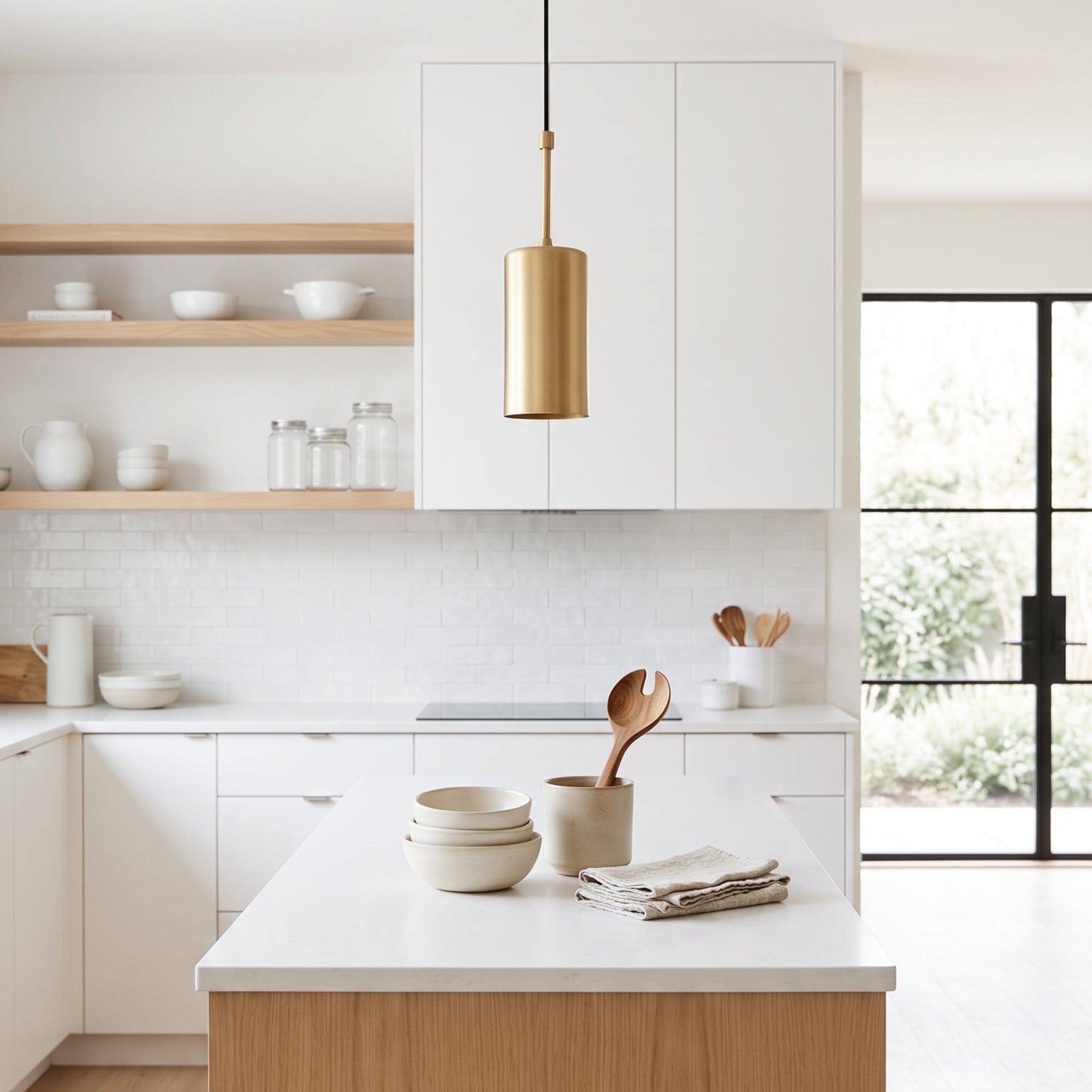 Lustre cylindrique doré installé en série au-dessus d'un îlot de cuisine.
