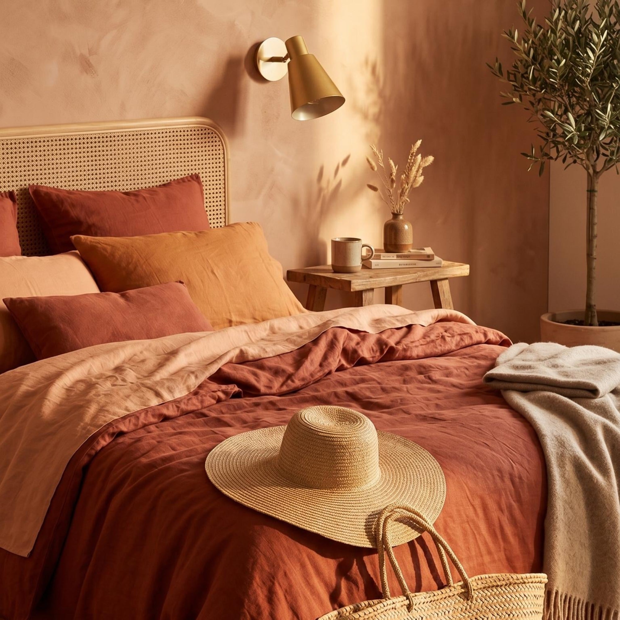 Applique orientable dorée installée en chevet chambre terracotta