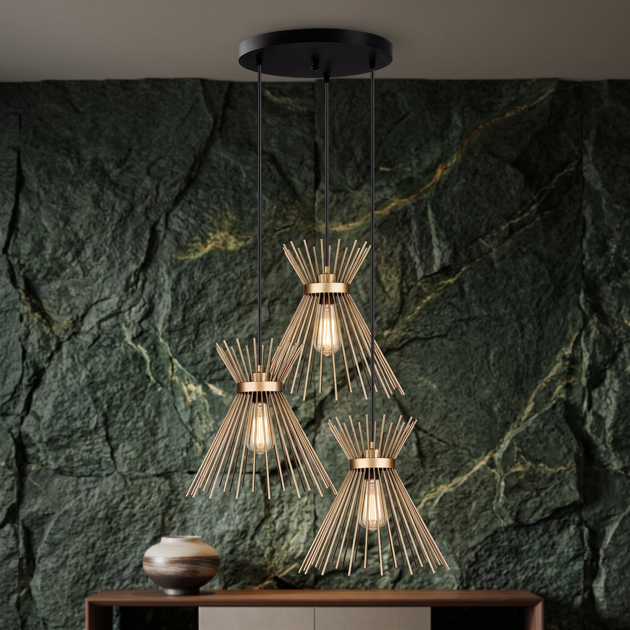Lustre triple starburst doré en cascade design moderne