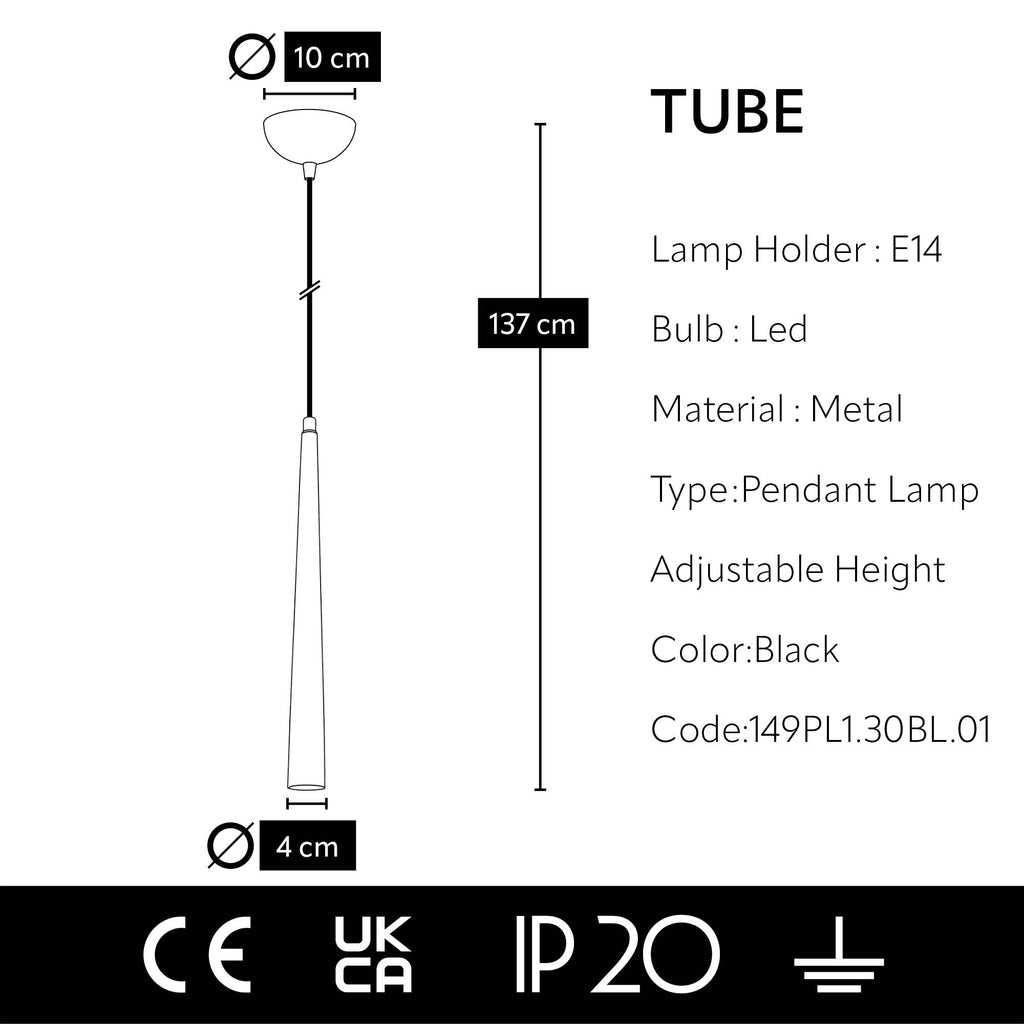 Lustre Suspendu Tube Noir - Design Minimaliste