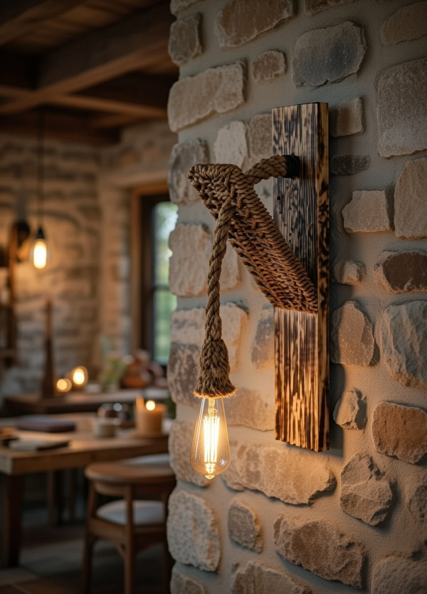 Applique murale rustique corde naturelle dans un intérieur industriel vintage