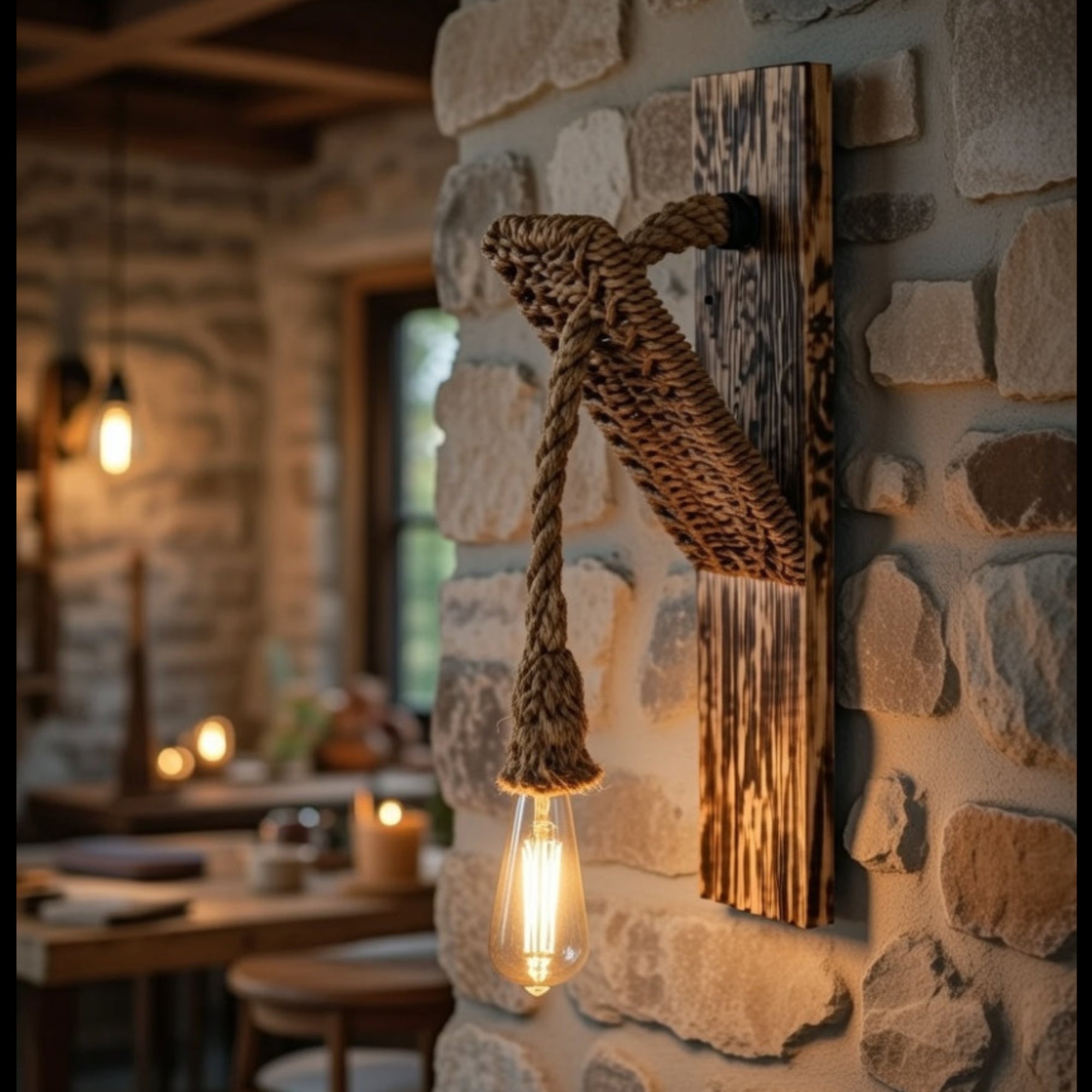 Applique murale rustique corde naturelle tressée bois ampoule Edison restaurant mur pierres Lumidestock