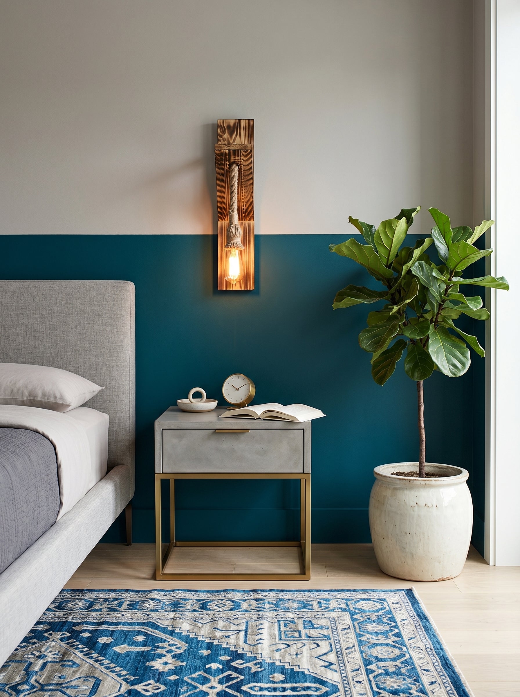 Applique murale rustique corde naturelle tressée boisinstallée dans une chambre – Lumidestock