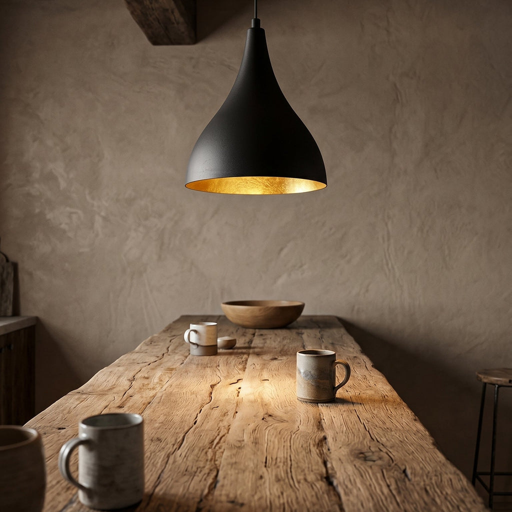 Lustre goutte noir installé au-dessus d'une table
