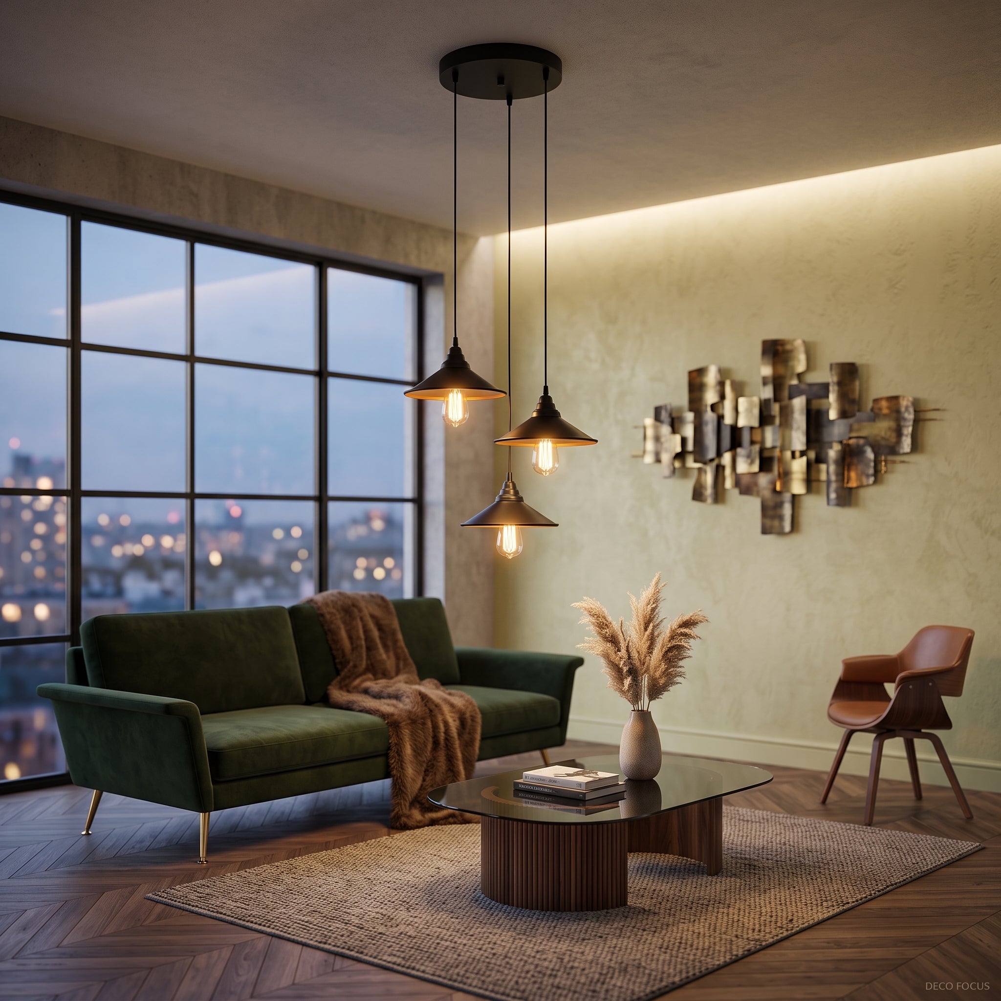 Lustre suspendu 3 lumières installé au-dessus d’une table basse