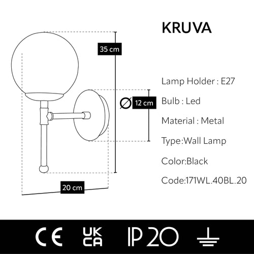 fiche produit applique KRUVA — 20×12×35 cm, globe opale, structure métal noir et or E27