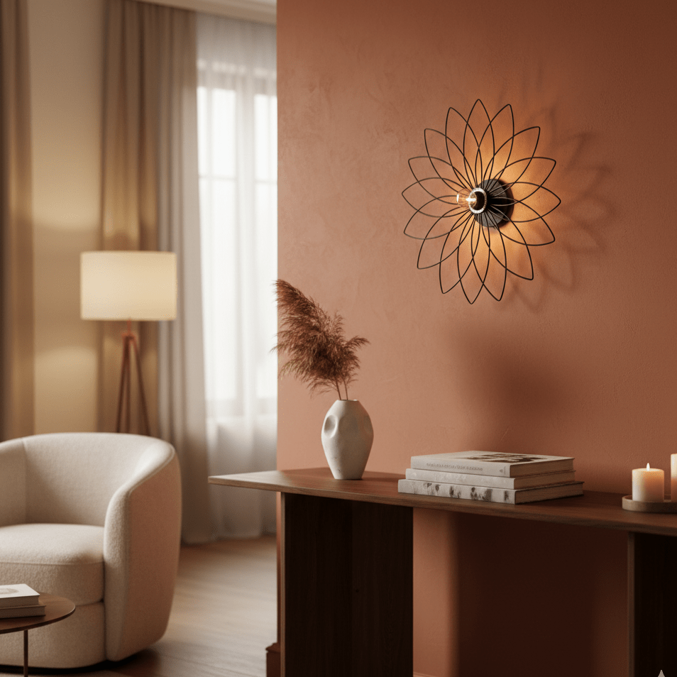 Applique murale fleur de lotus noir dans un intérieur contemporain terracotta