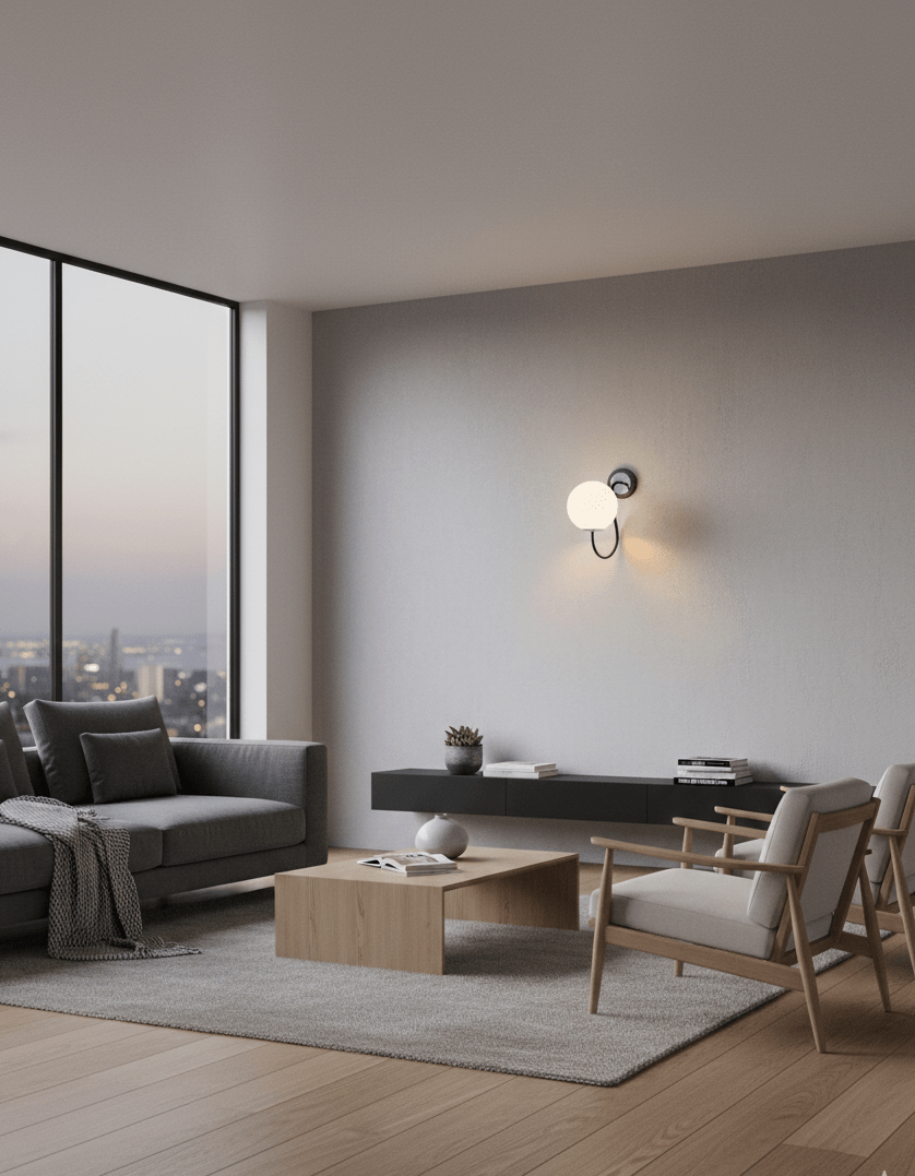 Applique murale globe opale blanc dans un salon ambiance douce
