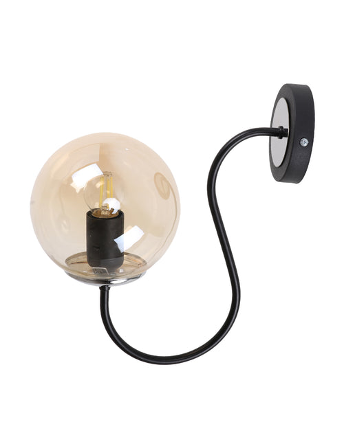 Applique murale globe en verre ambré avec bras courbe noir mat — culot E27 IP40, 25×30 cm