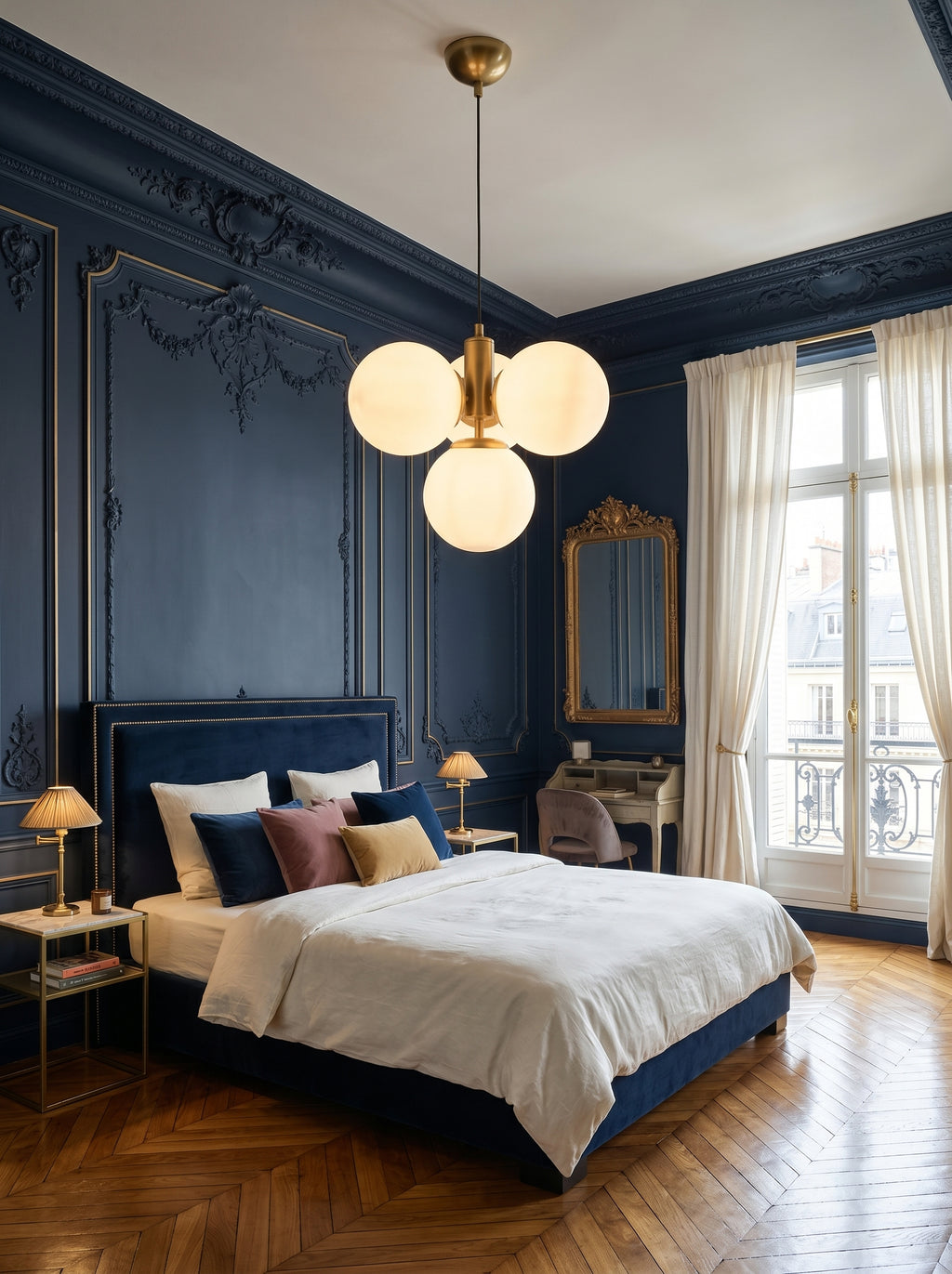 Suspension 4 globes opalin laiton brossé chambre parisienne bleu nuit moulures dorées parquet chevron – Lumidestock