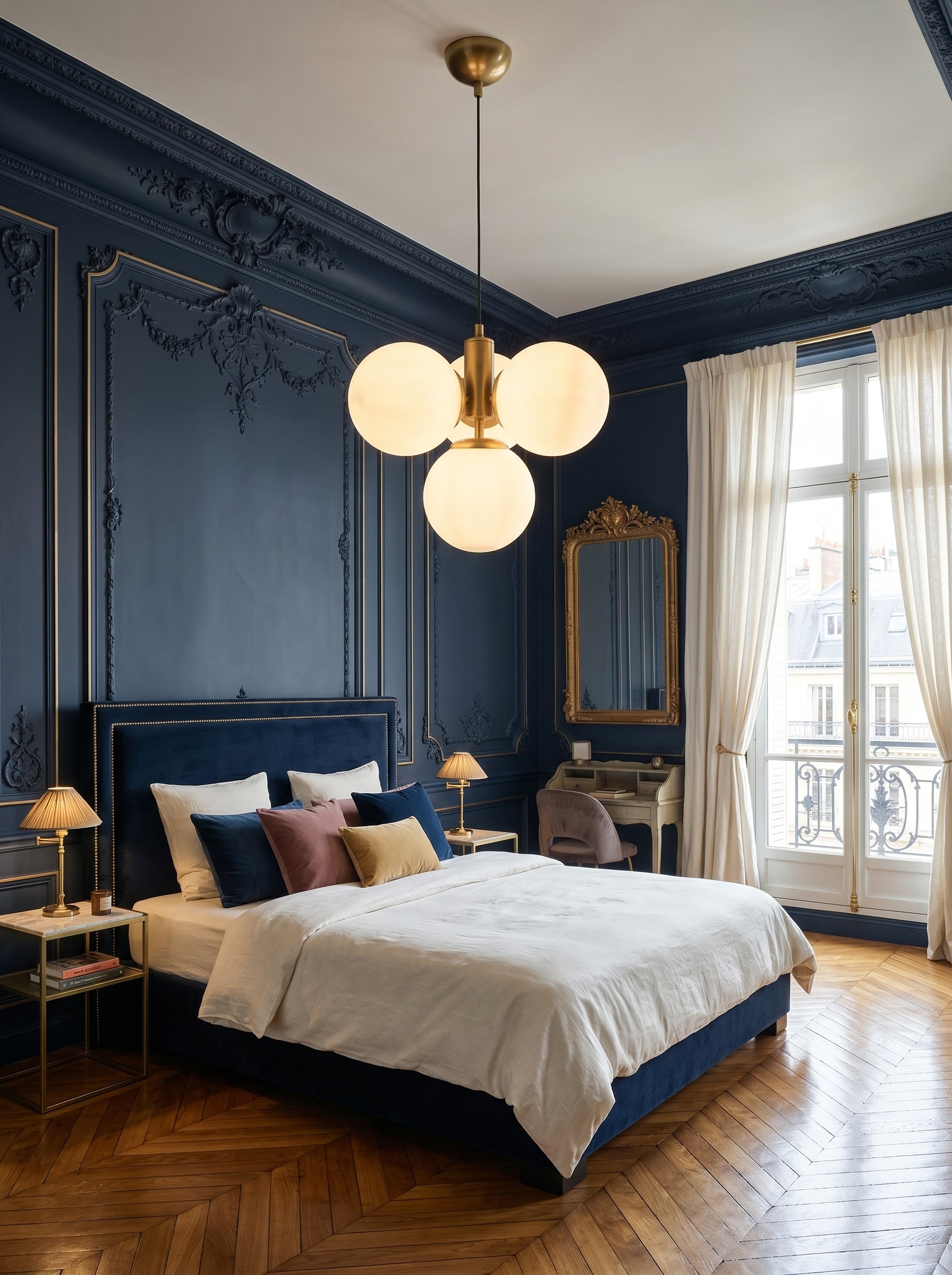 Suspension 4 globes opalin laiton brossé chambre parisienne bleu nuit moulures dorées parquet chevron – Lumidestock