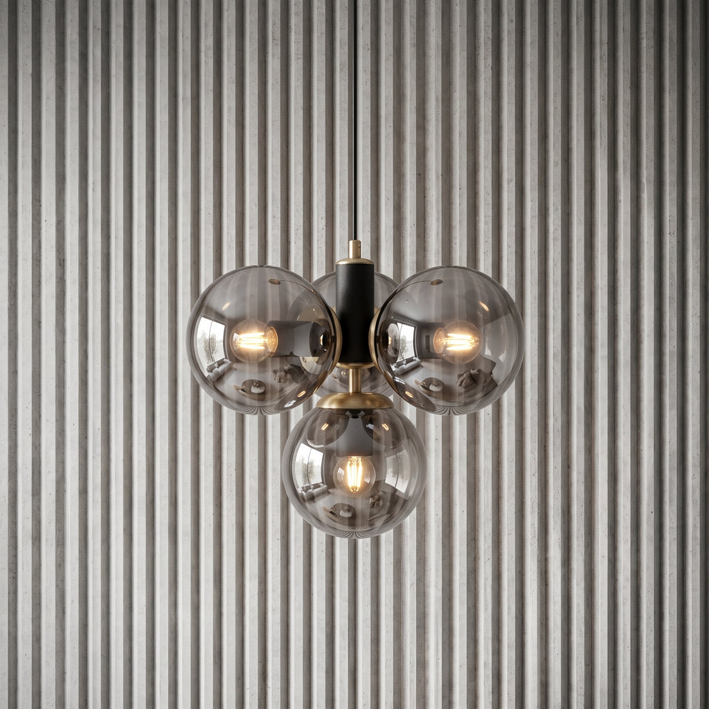 Suspension 4 globes ambré noir mat et laiton design moderne IP40