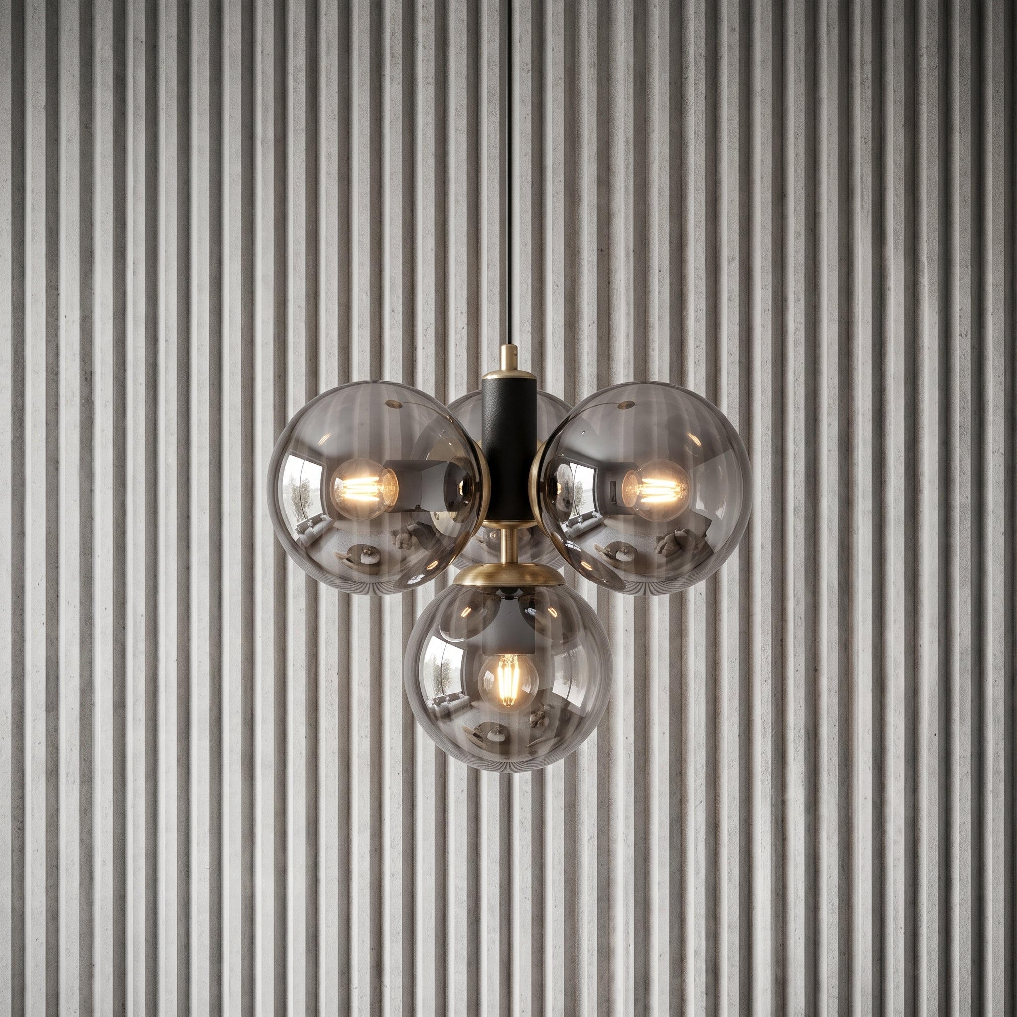 Suspension 4 globes ambré noir mat et laiton design moderne IP40