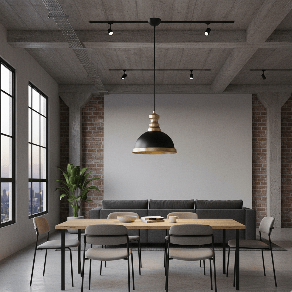 Lustre industriel noir laiton installé au-dessus d'une table