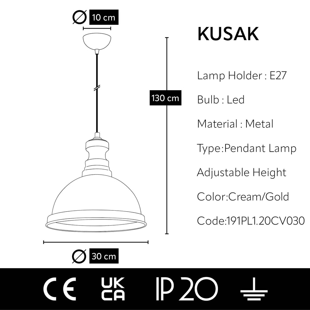 Lustre Suspendu Industriel Crème et Laiton - Design Vintage