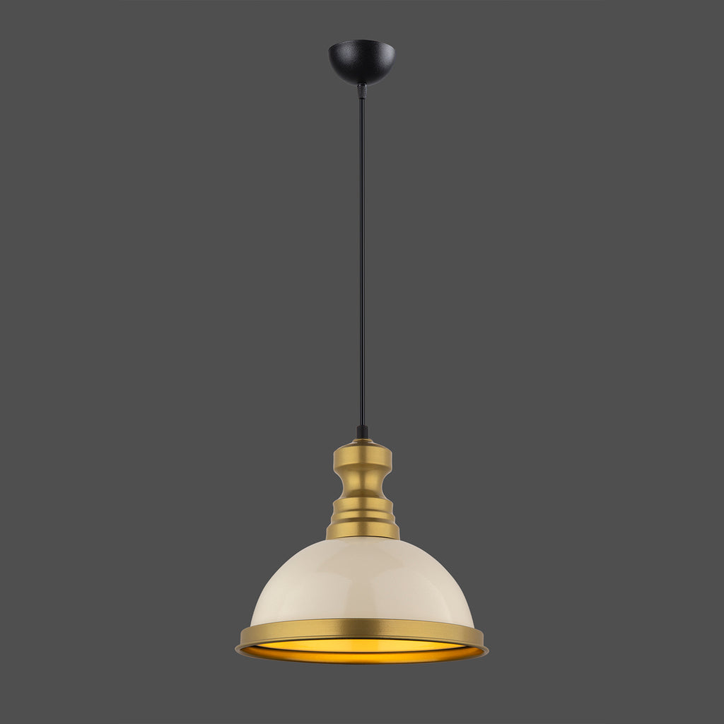 Lustre Suspendu Industriel Crème et Laiton - Design Vintage
