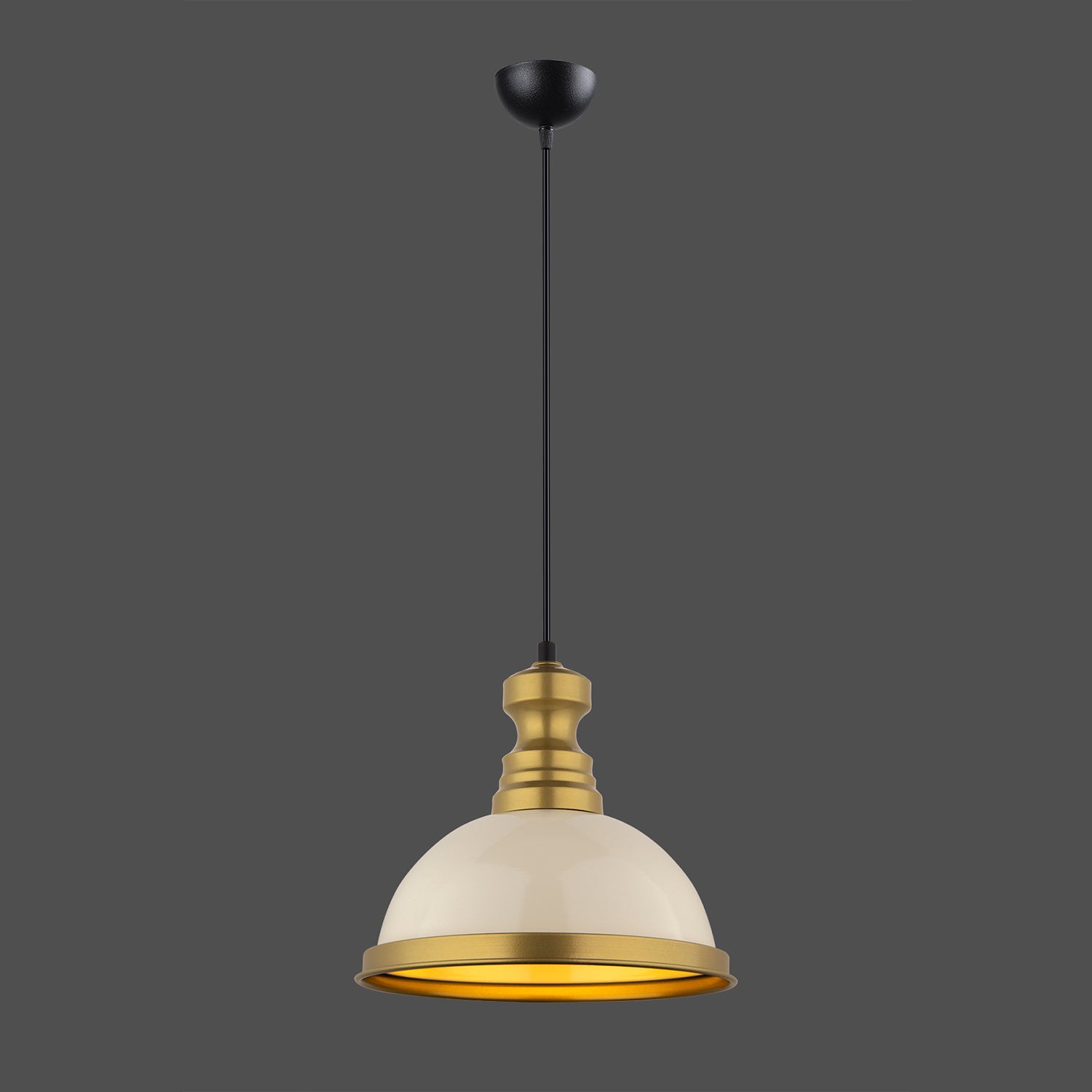 Lustre Suspendu Industriel Crème et Laiton - Design Vintage