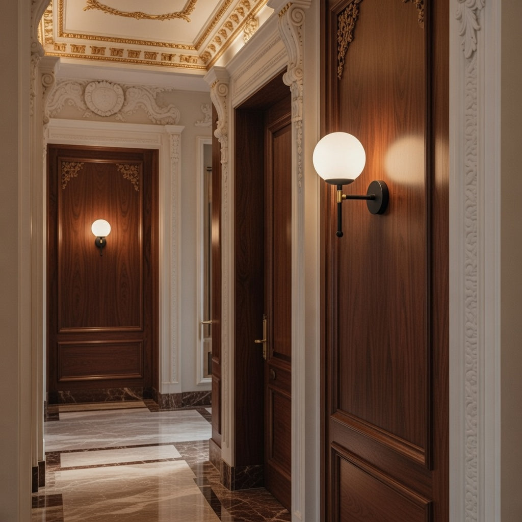 Applique Murale Globe Verre Opale Noir et Or