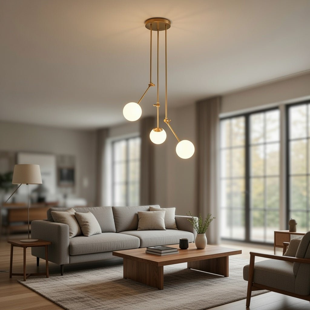 Suspension 3 globes dorée installée dans salon contemporain