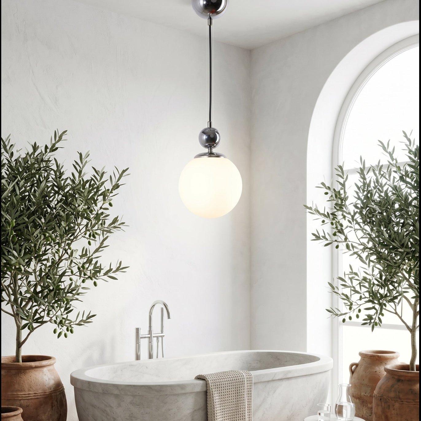 Suspension globe blanc chrome IP40 cuisine salle de bain contemporaine