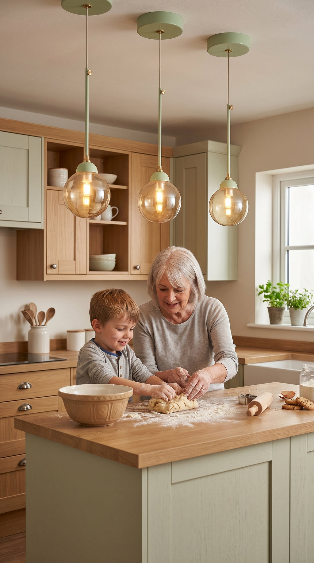 Lustre globe fumé vert pastel doré grand-mère enfant cuisine cottage bois clair – Lumidestock