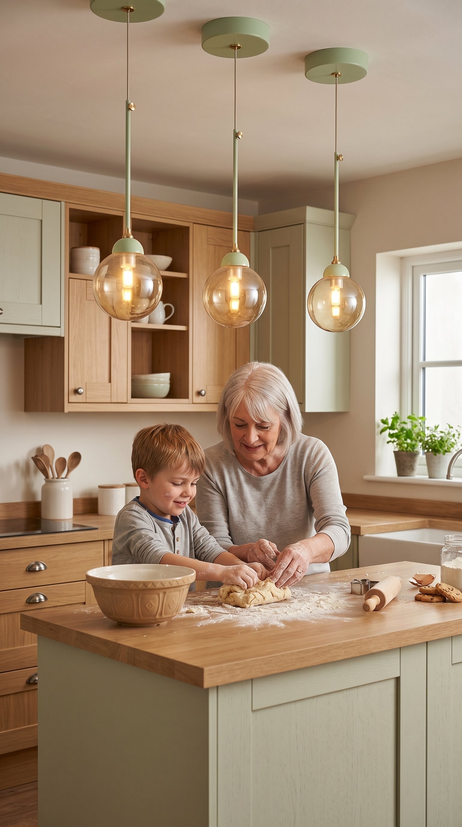 Lustre globe fumé vert pastel doré grand-mère enfant cuisine cottage bois clair – Lumidestock