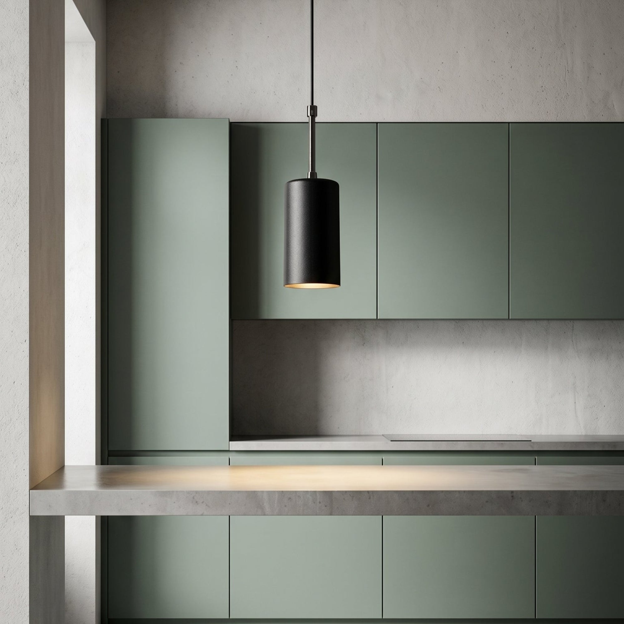 Lustre cylindrique noir suspendu dans une cuisine vert sauge