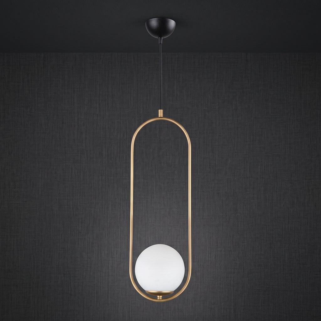 Lustre suspendu cadre ovale doré globe opale blanc design architectural