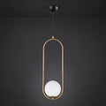 Lustre suspendu cadre ovale doré globe opale blanc design architectural
