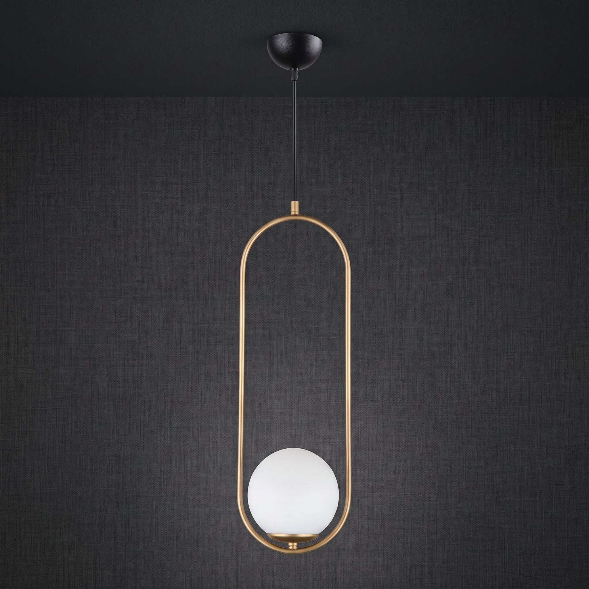 Lustre suspendu cadre ovale doré globe opale blanc design architectural