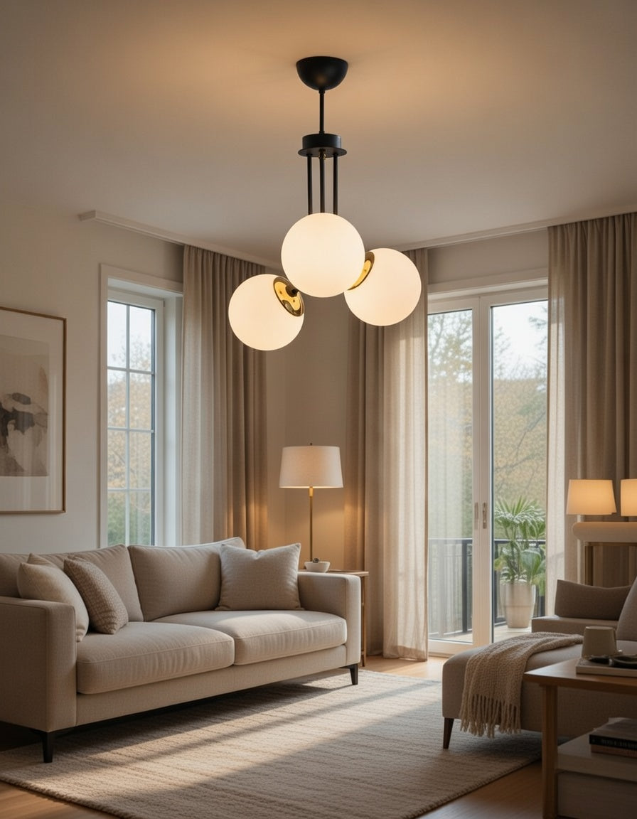 Lustre 3 Lumières Globes Blancs Opale Structure Noire Détails Dorés Design Moderne