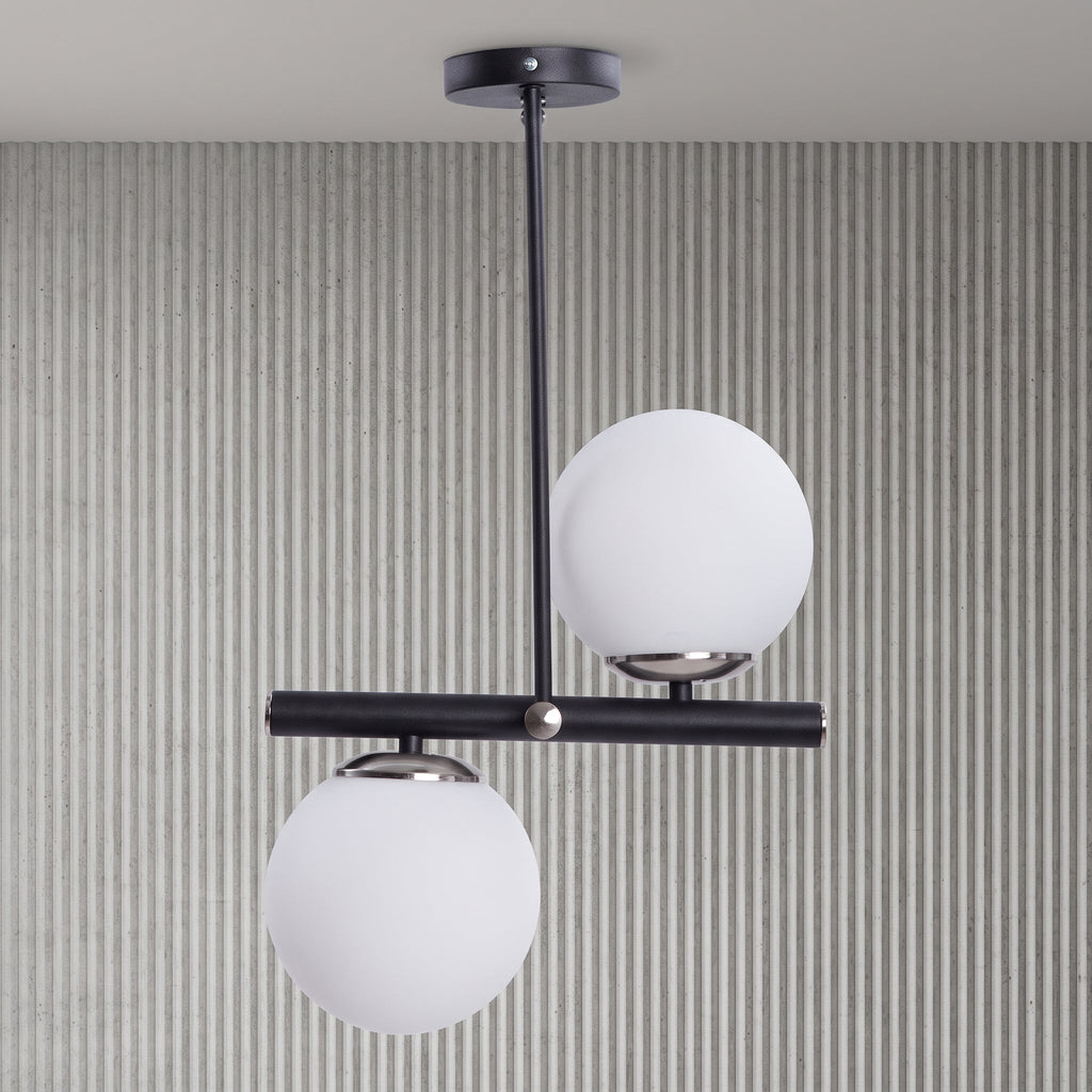 Lustre 2 globes opale blanc noir mat et chrome design sculptural IP40