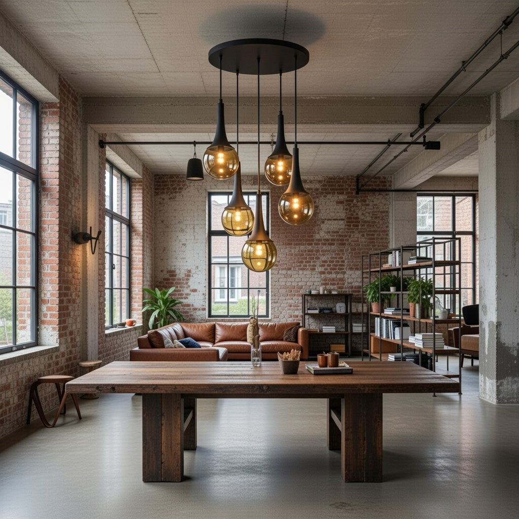 Lustre 5 globes ambré créant une ambiance chaleureuse