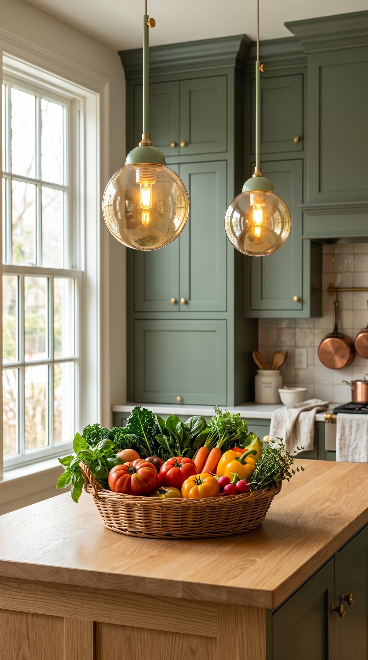 Lustre globe fumé ambré vert pastel panier légumes colorés cuisine vert sauge naturelle