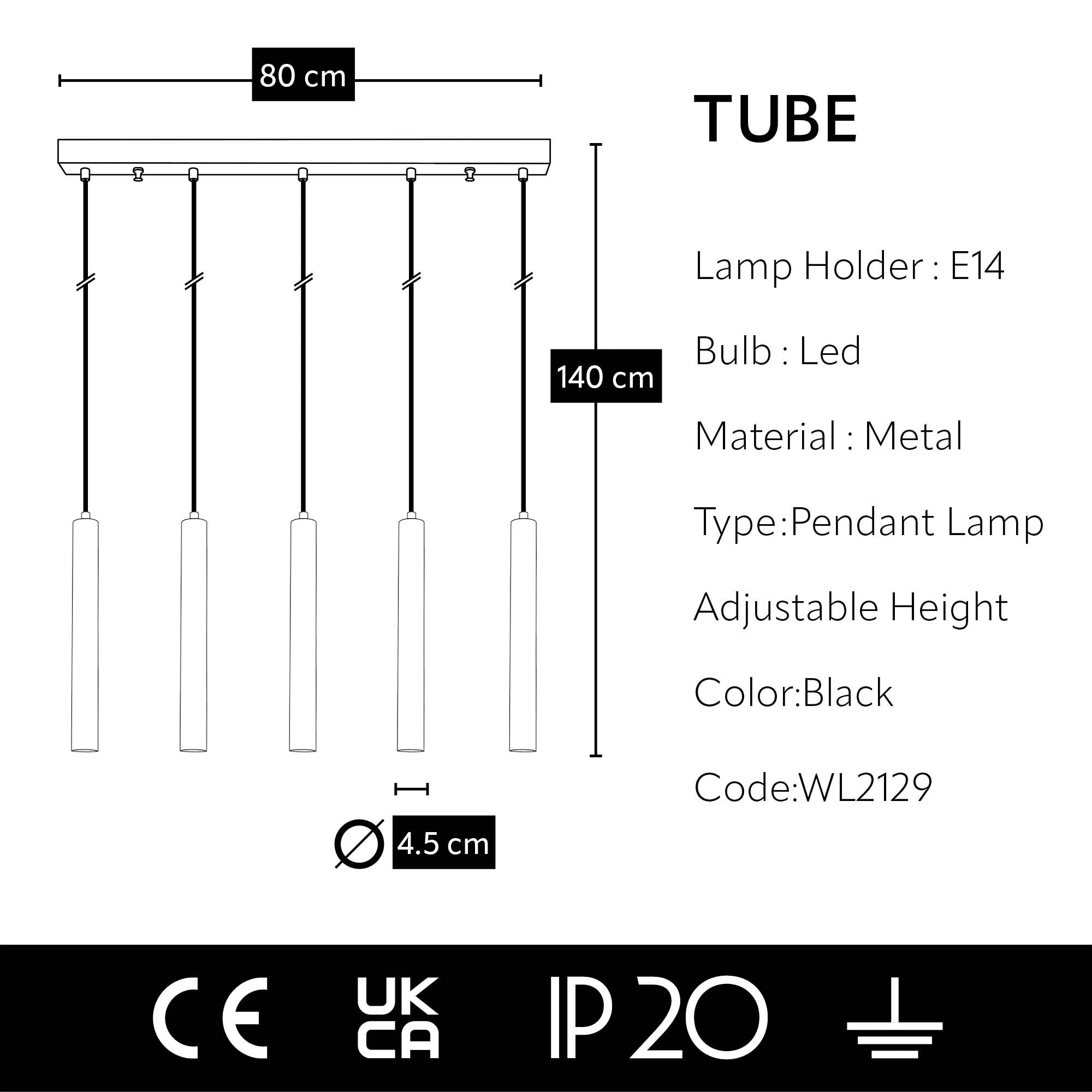 
détails lustre suspendu 5 tubes noir mat rosace 80cm 