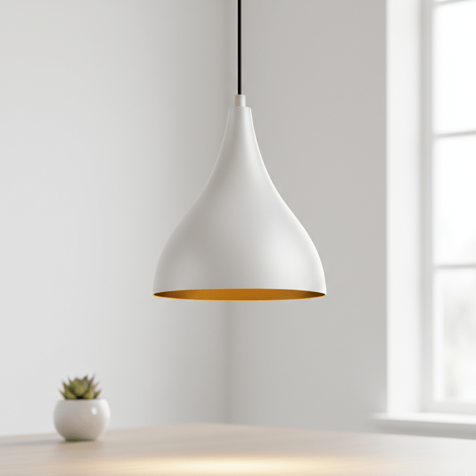 Lustre suspendu goutte blanc mat et doré intérieur design moderne vue de face éteinte, élégant et discret
