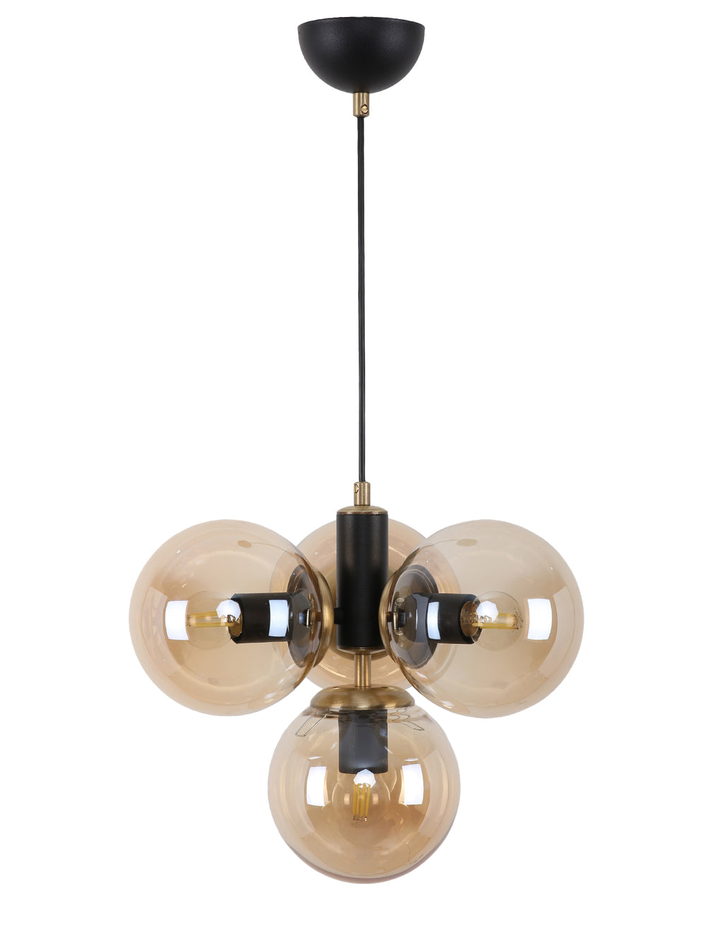 Suspension 4 globes ambré noir mat et laiton 35x32cm 4xE27