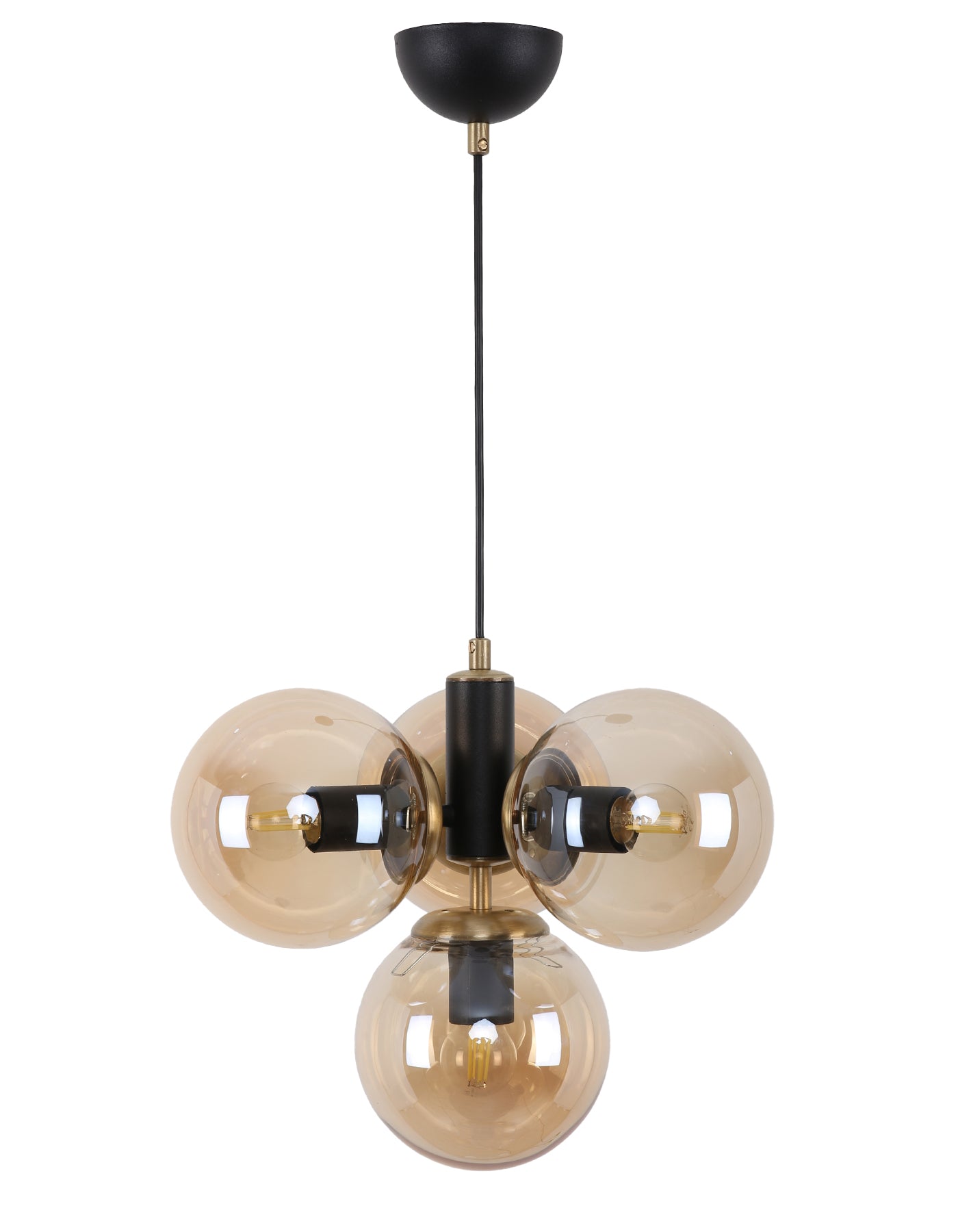 Suspension 4 globes ambré noir mat et laiton 35x32cm 4xE27