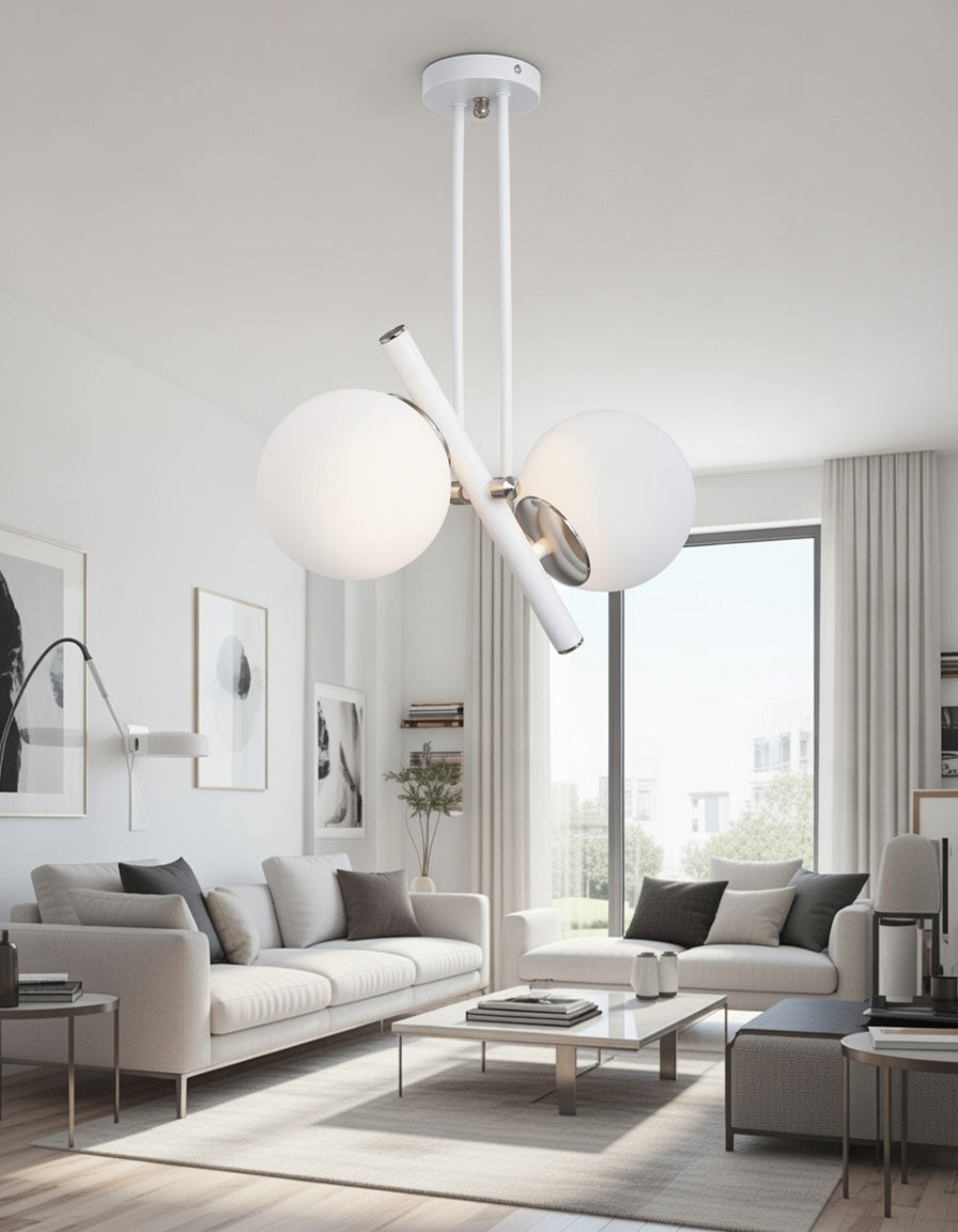 Lustre 2 Lumières Globes Blancs Opale Structure Blanche Détails Chromés Design Moderne